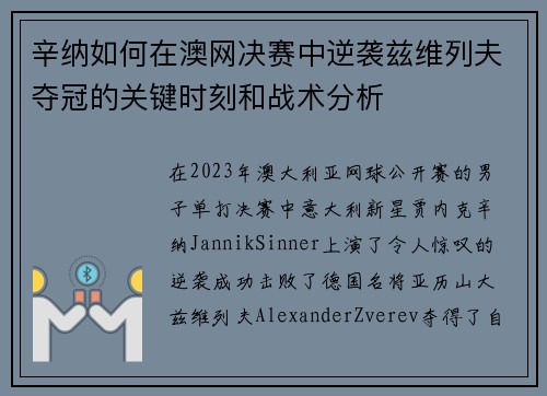 辛纳如何在澳网决赛中逆袭兹维列夫夺冠的关键时刻和战术分析